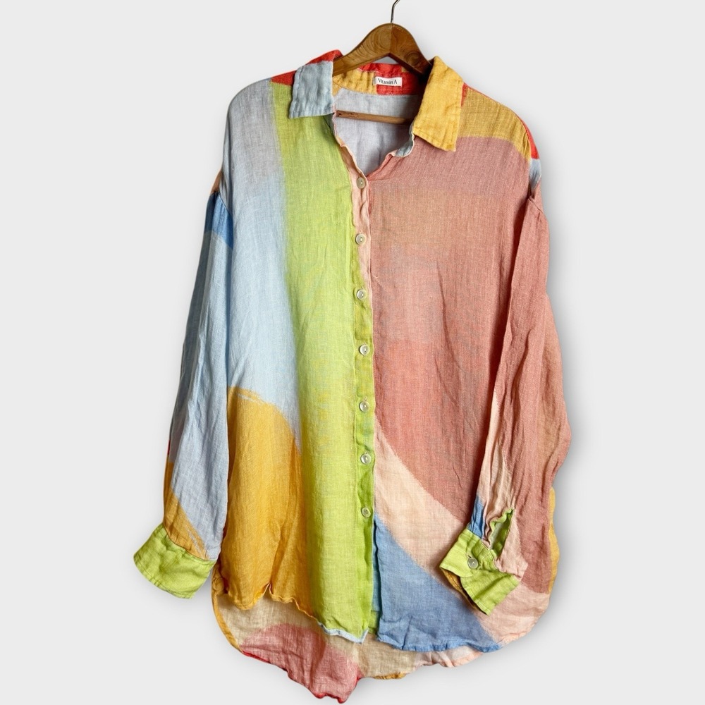 Vitamin A Playa Linen Boyfriend Shirt - Abstract Colorblock Button-Up Shirt L